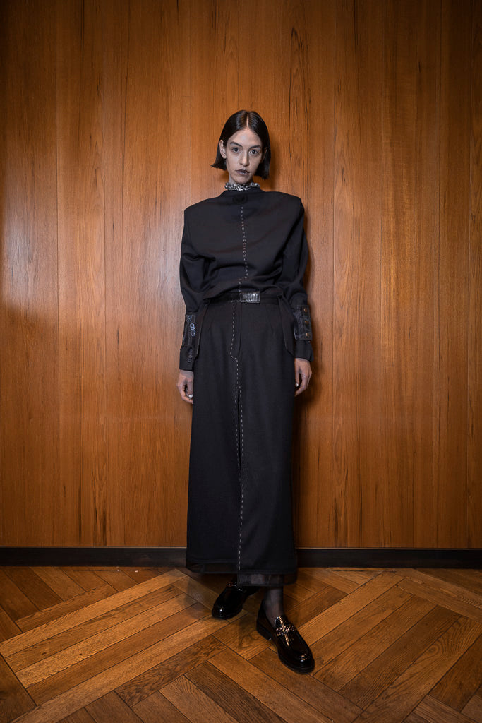 Blueberry Long Tube Skirt in Melton Wool with Ostrich Shin Detail