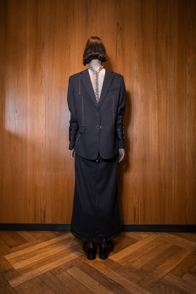 Navy Wool with Hand Embroidered Trapeze Tailored Jacket