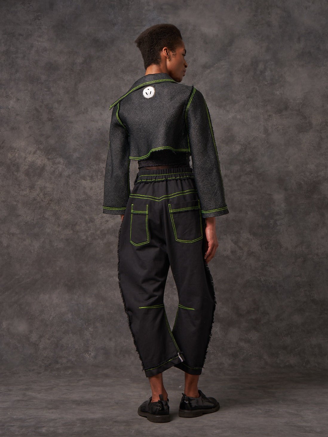 Black Vintage Raffia Cropped Biker Jacket