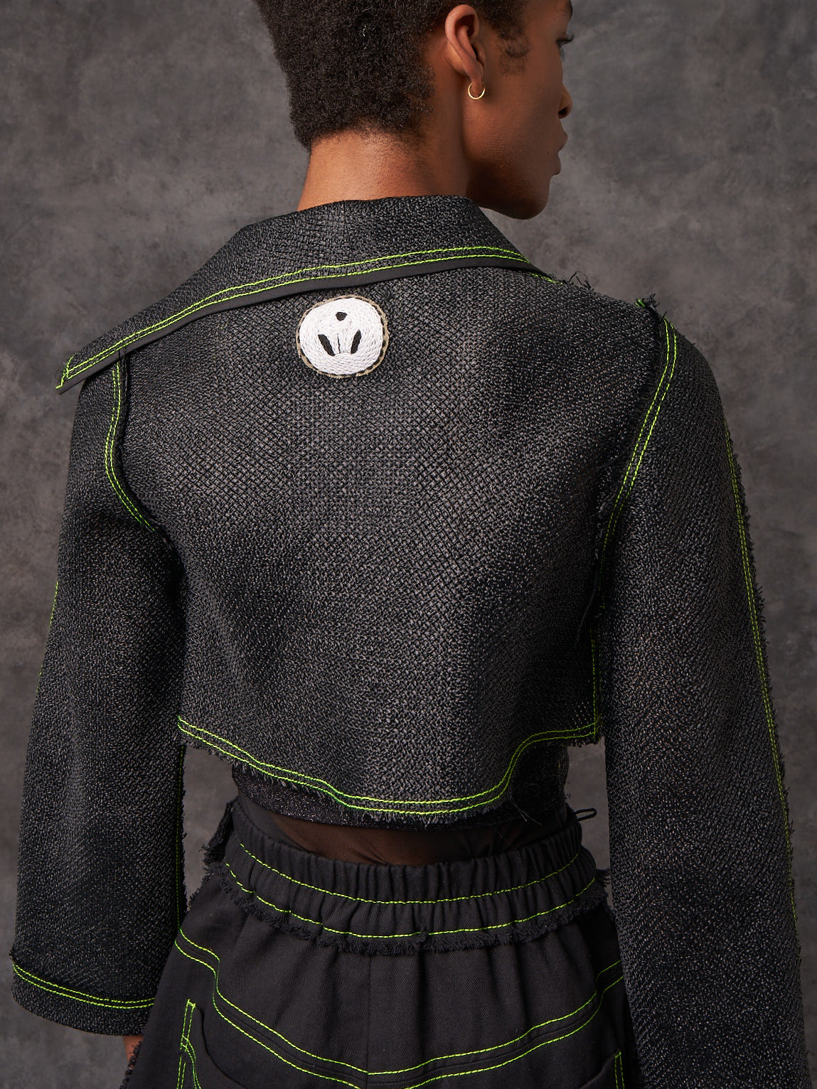 Black Vintage Raffia Cropped Biker Jacket