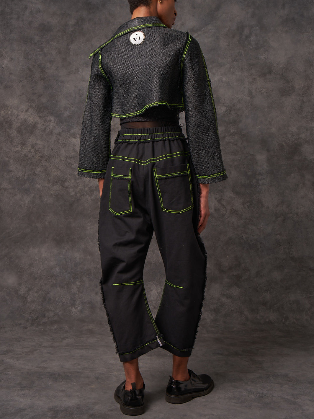 Black Vintage Raffia Cropped Biker Jacket