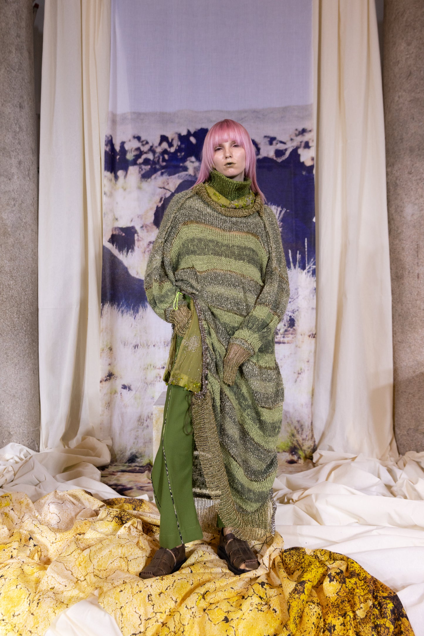 Green-Moss Knitted Draped Dress with Adjustable Drawstrings in Mohair, Wool, Viscose Blend