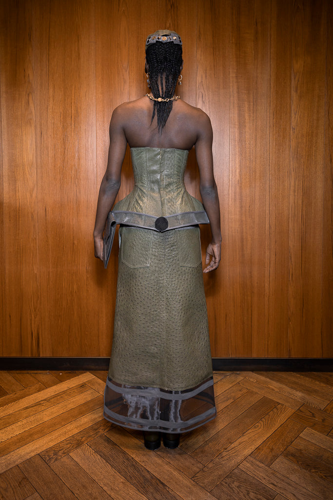 Moldavite Green Ostrich Leather Sculpted Corset with Grey Zibbon Panel