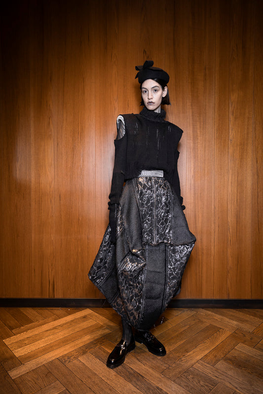 Vesica Picis Brocade Jacquard & Vintage Raffia Market Bag Skirt with Ostrich Shin details