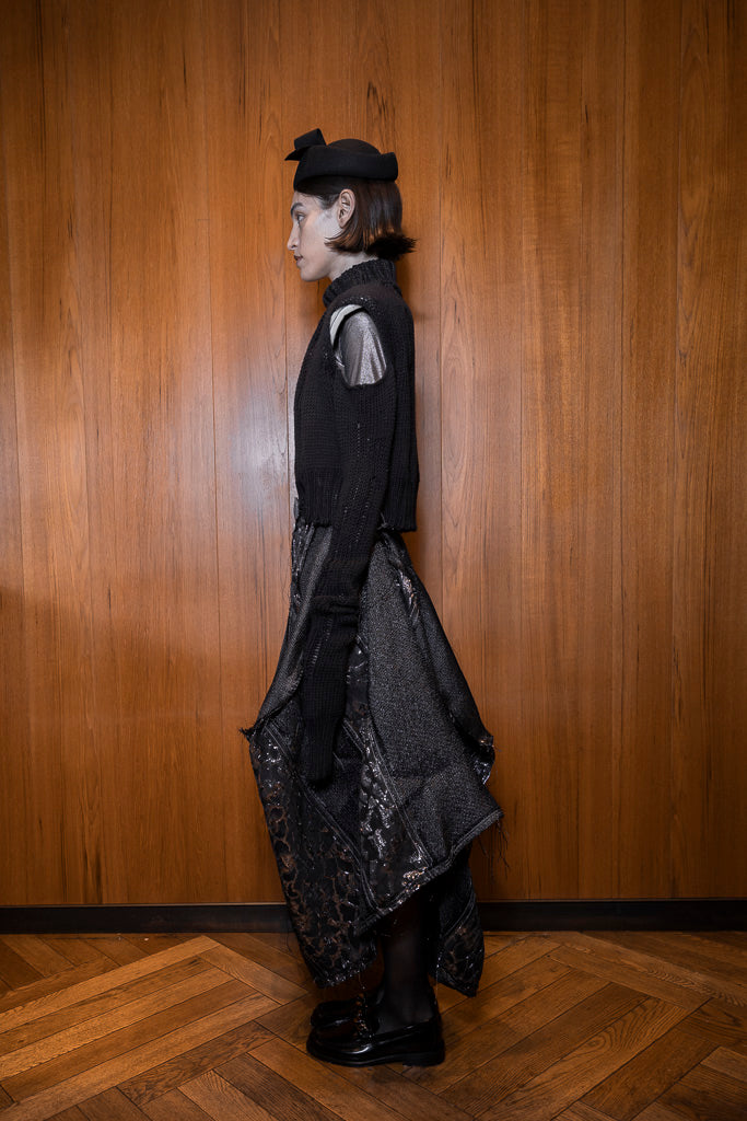 Vesica Picis Brocade Jacquard & Vintage Raffia Market Bag Skirt with Ostrich Shin details