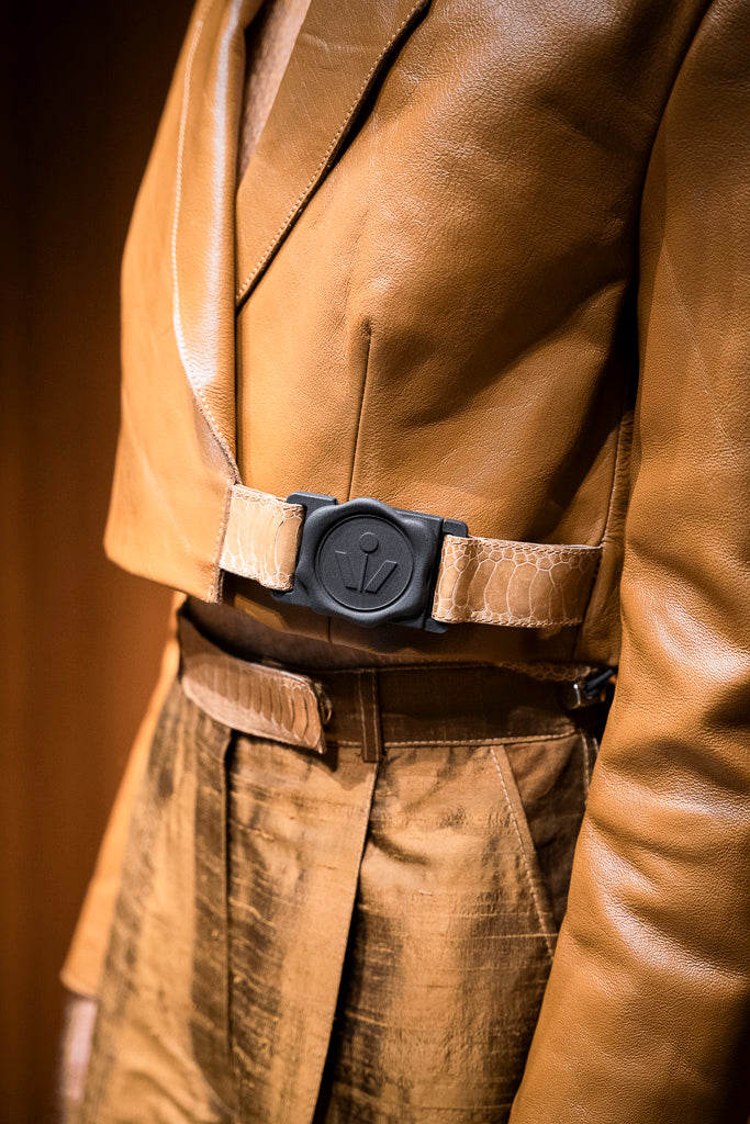 Reclaimed Car Leather Cropped Double Breasted Jacket with Ostrich Shin Collar and Strap