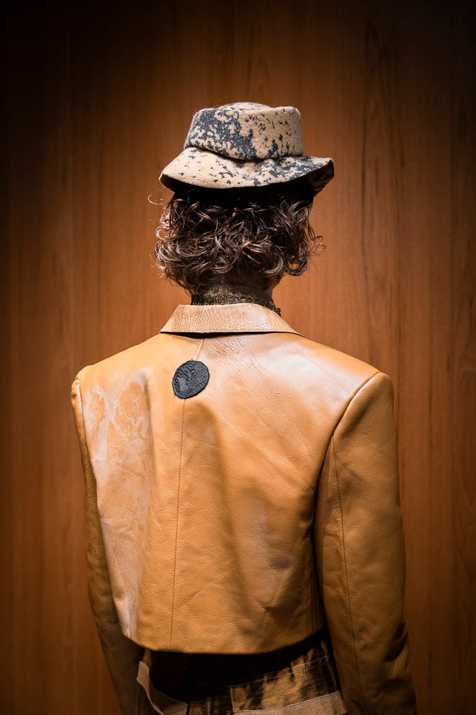 Reclaimed Car Leather Cropped Double Breasted Jacket with Ostrich Shin Collar and Strap