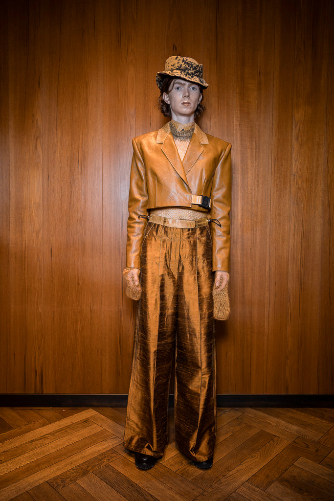 Ochre Gold Textured Silk Trapeze Pants with Suminagashi Organza Pockets & Ostrich Shin details