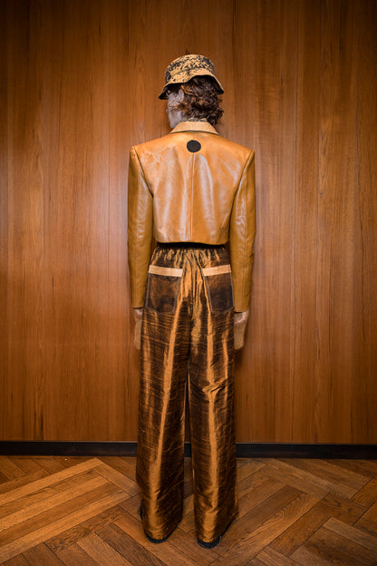 Ochre Gold Textured Silk Trapeze Pants with Suminagashi Organza Pockets & Ostrich Shin details