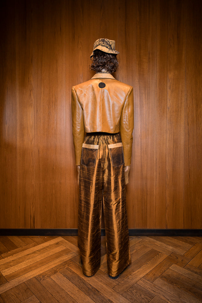 Reclaimed Car Leather Cropped Double Breasted Jacket with Ostrich Shin Collar and Strap