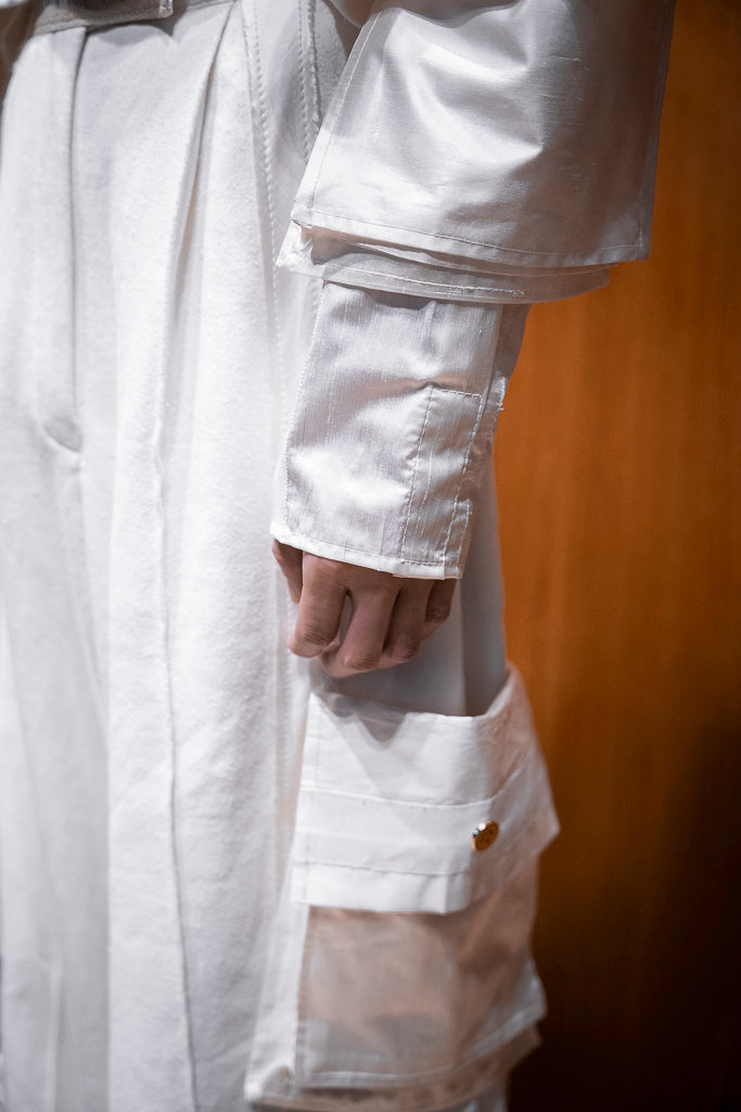 White Organic Hemp Cargo Pants with White Silk Lame Detachable Pockets & Ostrich Shin Details