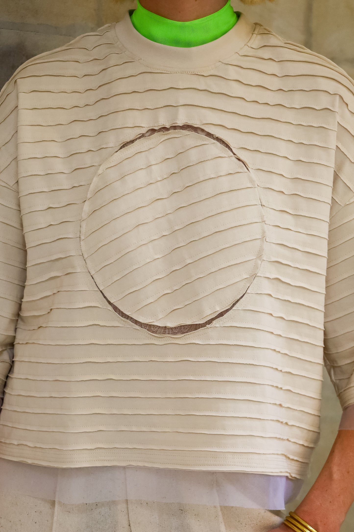 Ecru Strip-Stripe Dot T-Shirt Cropped