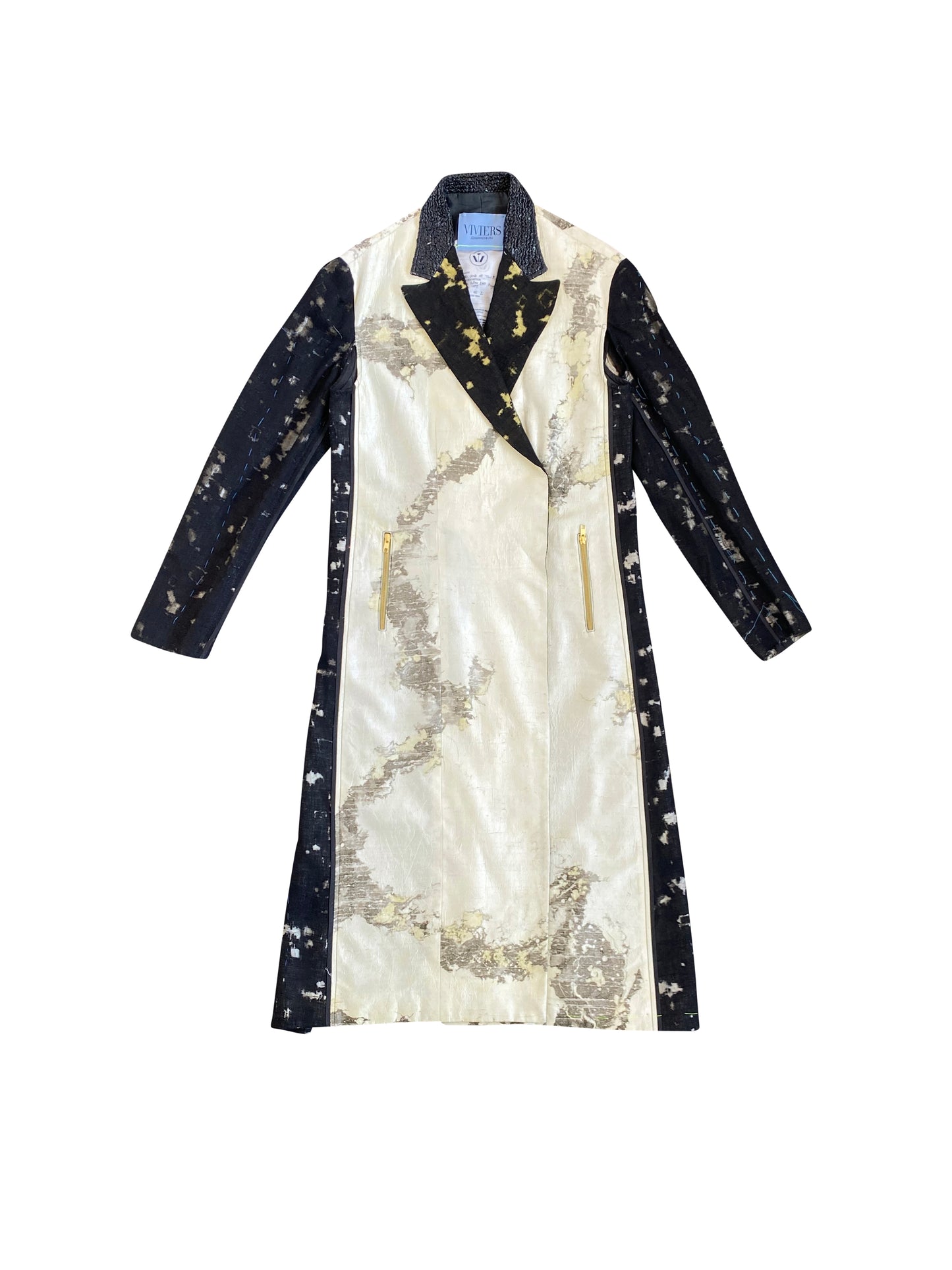 Yellow Lake Pigments double-breasted Tailored Artisanal Coat with Hand Embroidery stitches