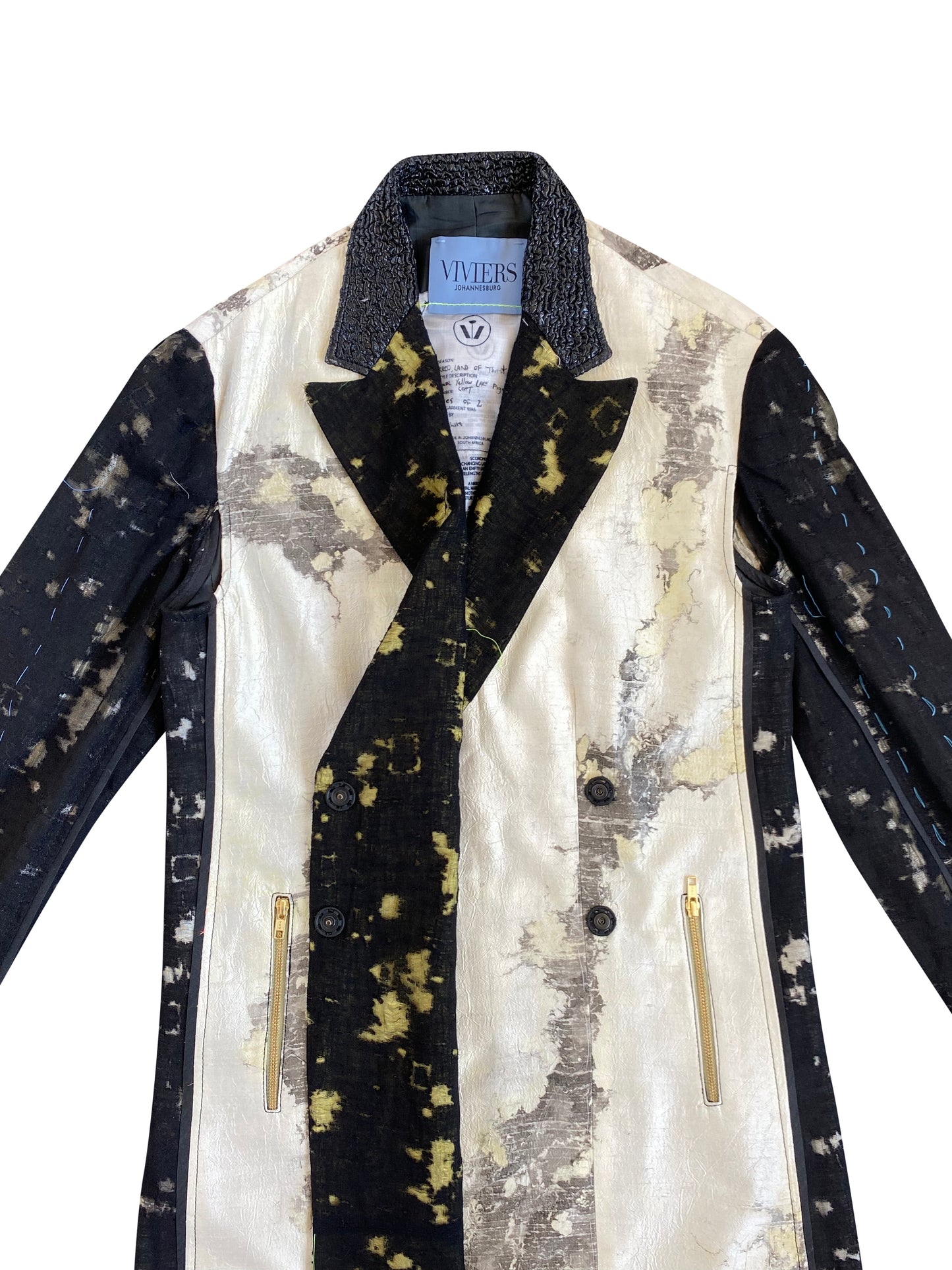 Yellow Lake Pigments double-breasted Tailored Artisanal Coat with Hand Embroidery stitches