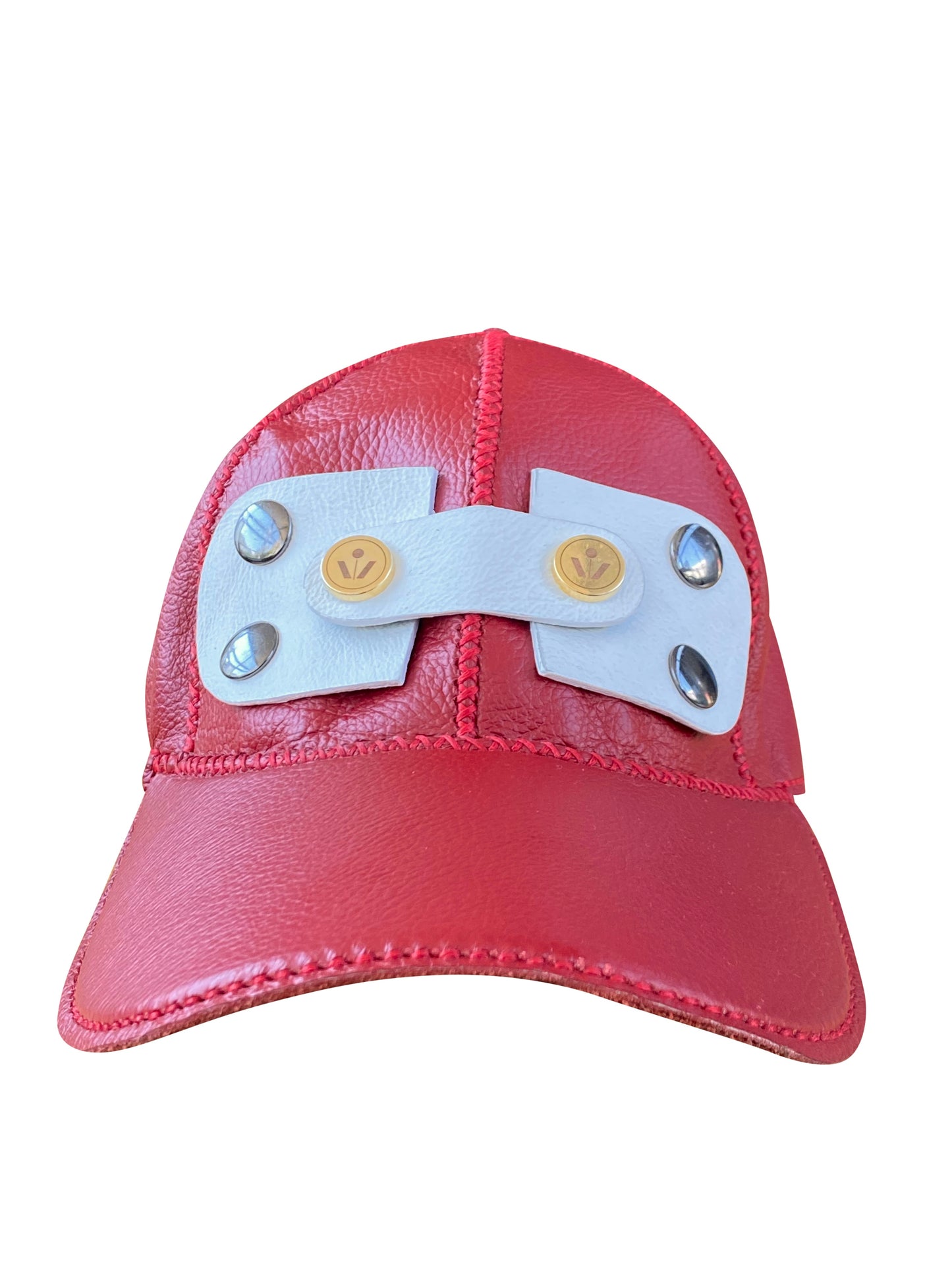 Red Deadstock Leather Artisanal Studded Cap