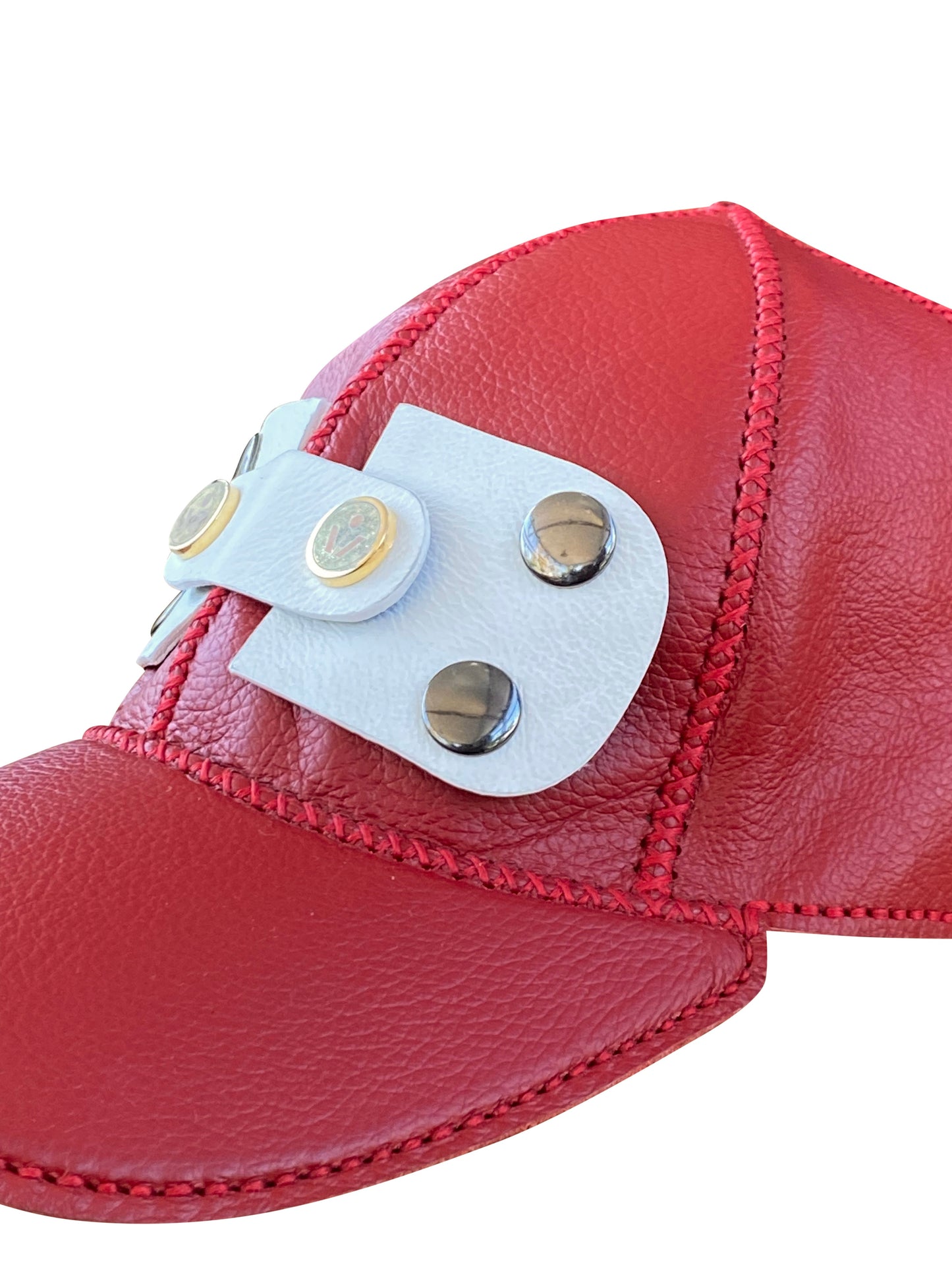 Red Deadstock Leather Artisanal Studded Cap