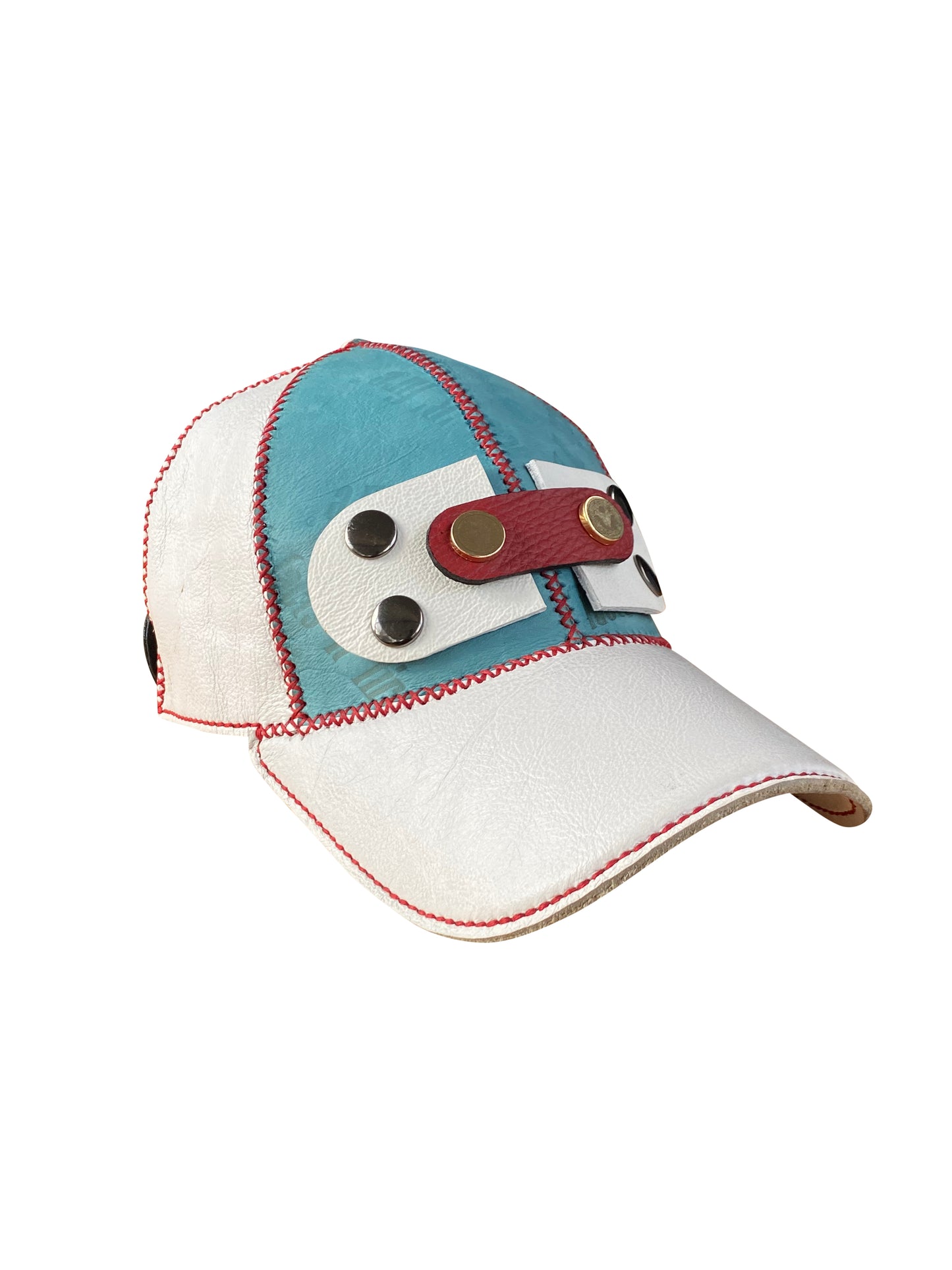 White & Blue Artisanal Deadstock leather Studded Cap