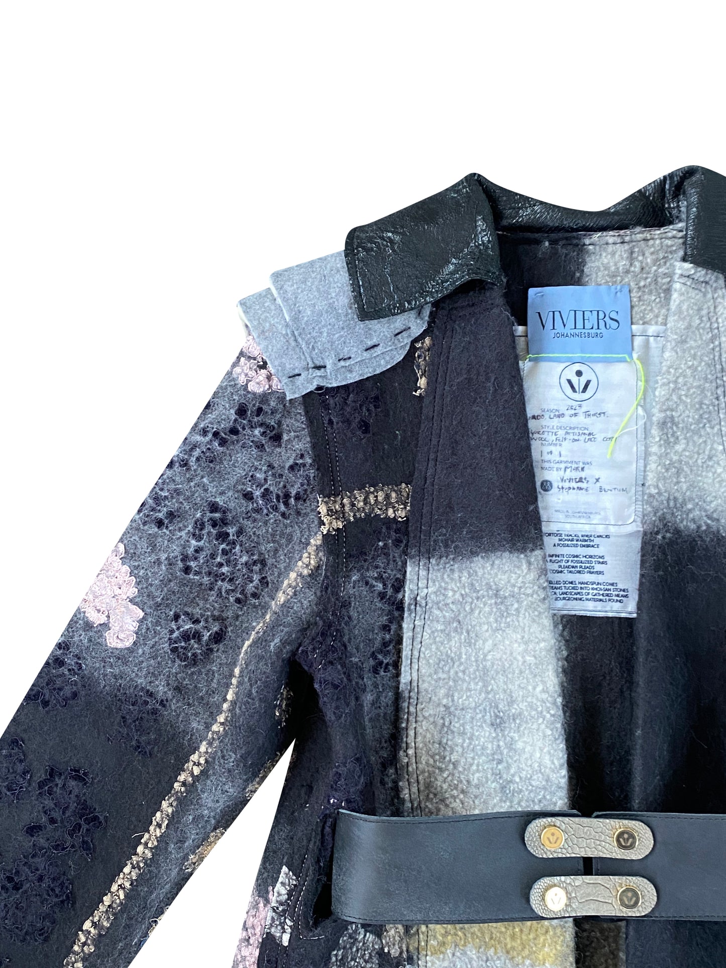 Florette Artisanal Wool, Felt & Lace Coat With Exposed Shoulder Pads & Hand Embroidery Stitches