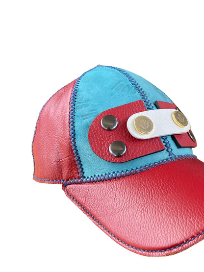 Red & Blue  Artisanal Deadstock Leather Cap