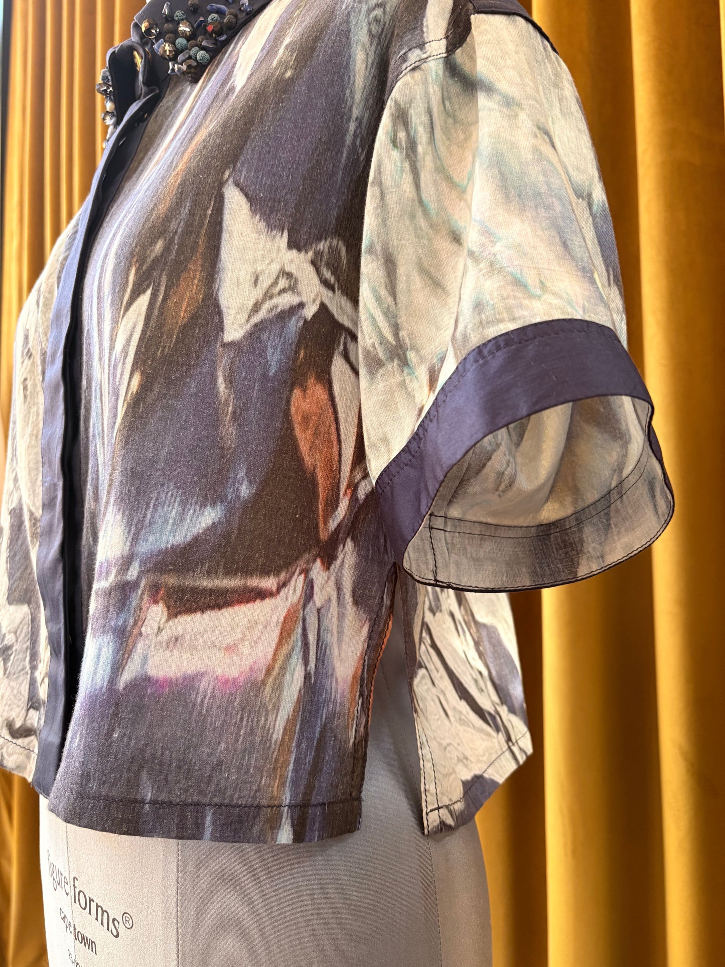 Blue Crystal Foil Printed Cotton Cropped Boxy Shirt