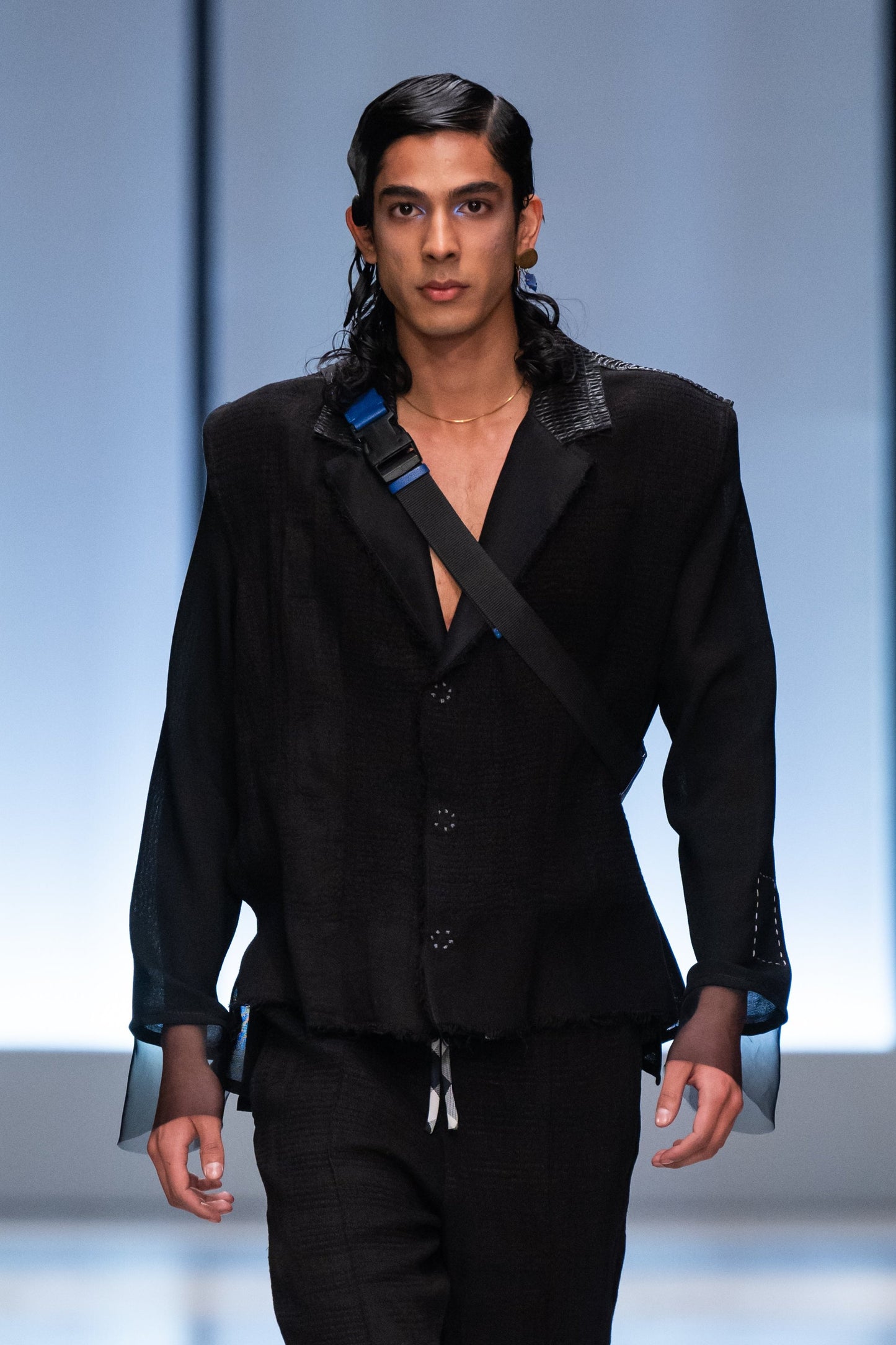 Jacquard Woven Black Bogolan Mud Cloth Oversized Shirt Blazer with Couture Black Wool Silk and Black Crepe Leather Details