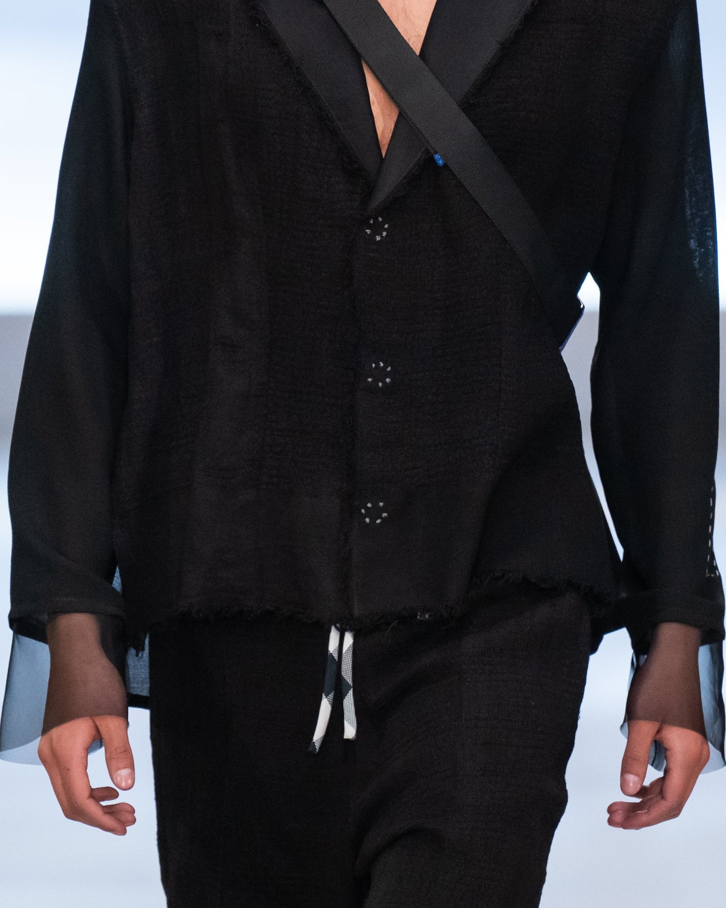 Jacquard Woven Black Bogolan Mud Cloth Oversized Shirt Blazer with Couture Black Wool Silk and Black Crepe Leather Details