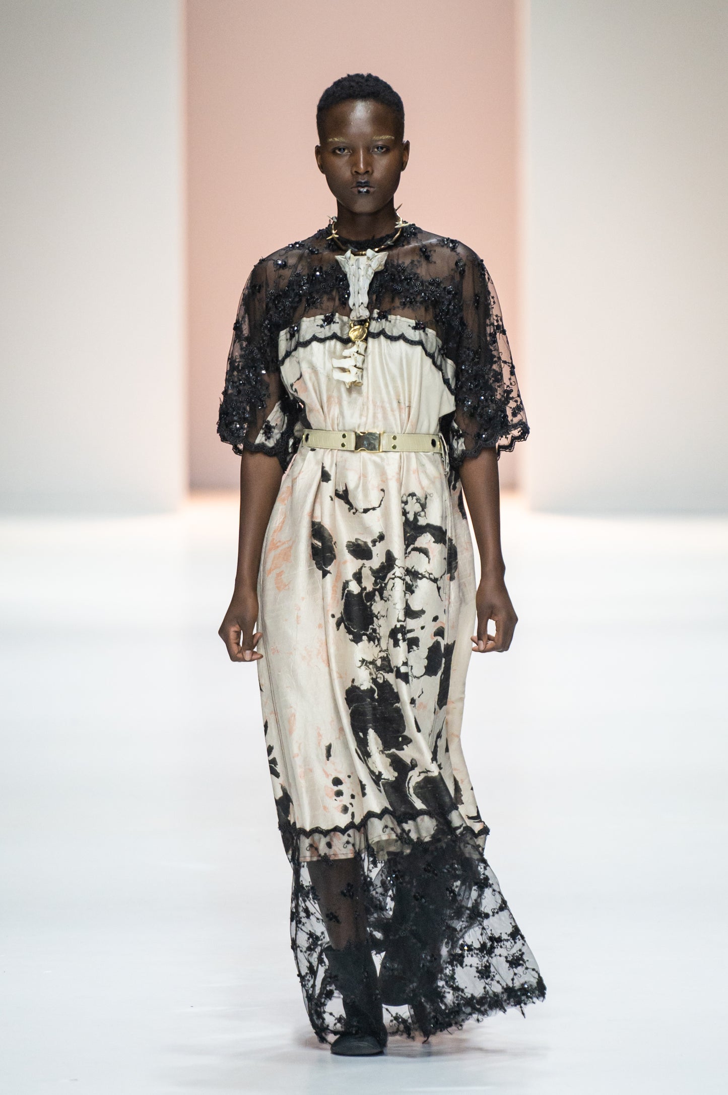 Cochineal Suminigashi Printed Silk & Hand-Beaded Lace Dress