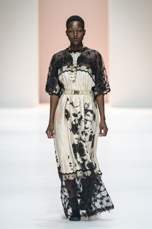 Cochineal Suminigashi Printed Silk & Hand-Beaded Lace Dress