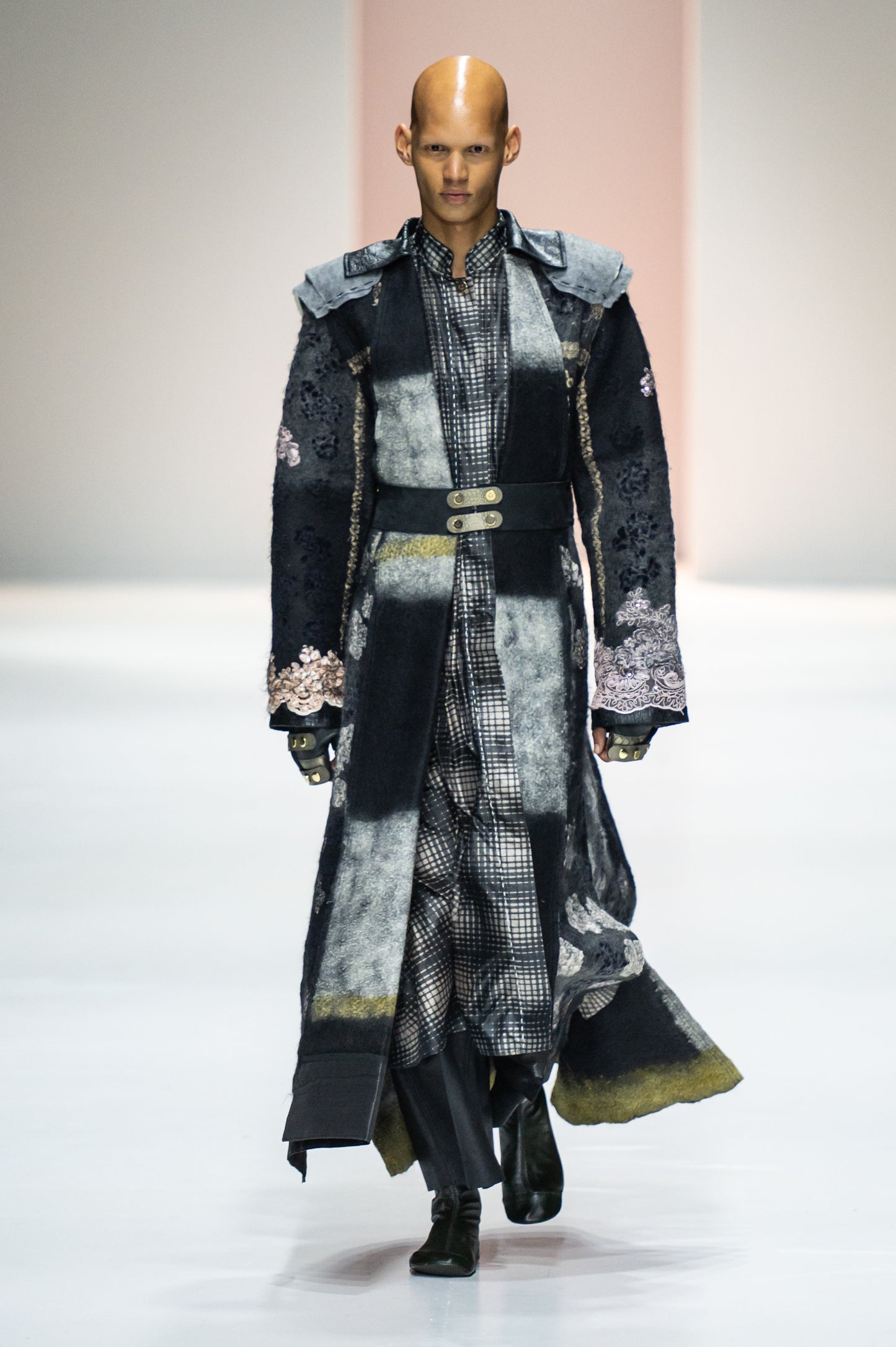 Florette Artisanal Wool, Felt & Lace Coat With Exposed Shoulder Pads & Hand Embroidery Stitches