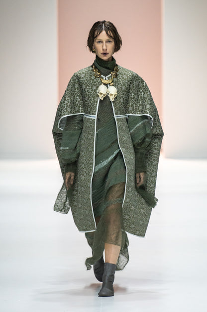 Artisanal Green Asymmetrical Knitted Dress in Silk, Mohair & Wool