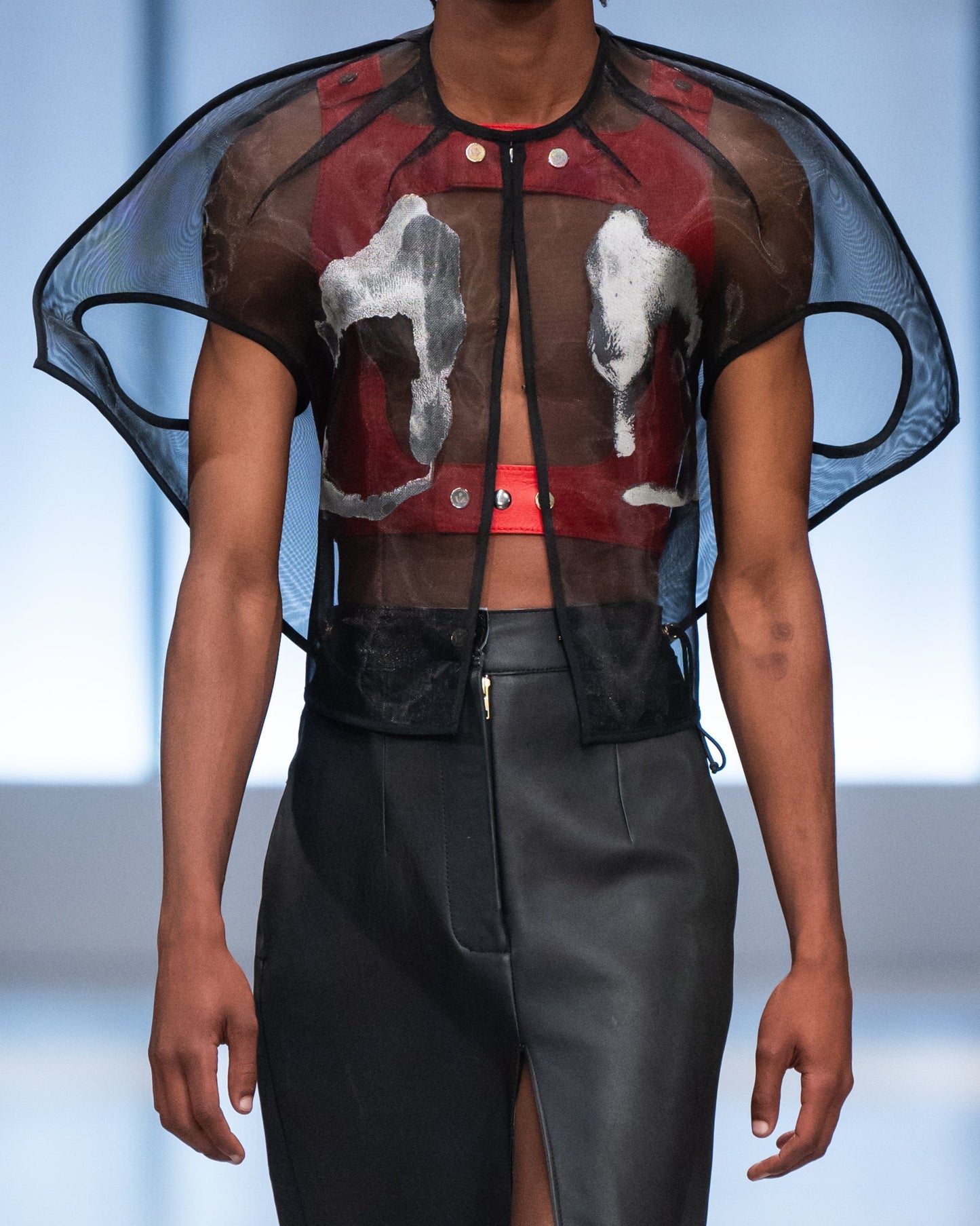 Screen Printed Nylon Black Zibbon Cropped Cocoon Shirt