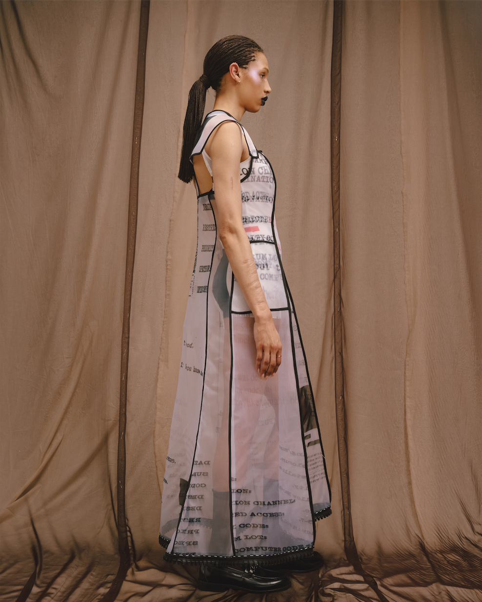 Printed French Stretch Mesh Poloneck Dress with Zibbon Shoulder Pads