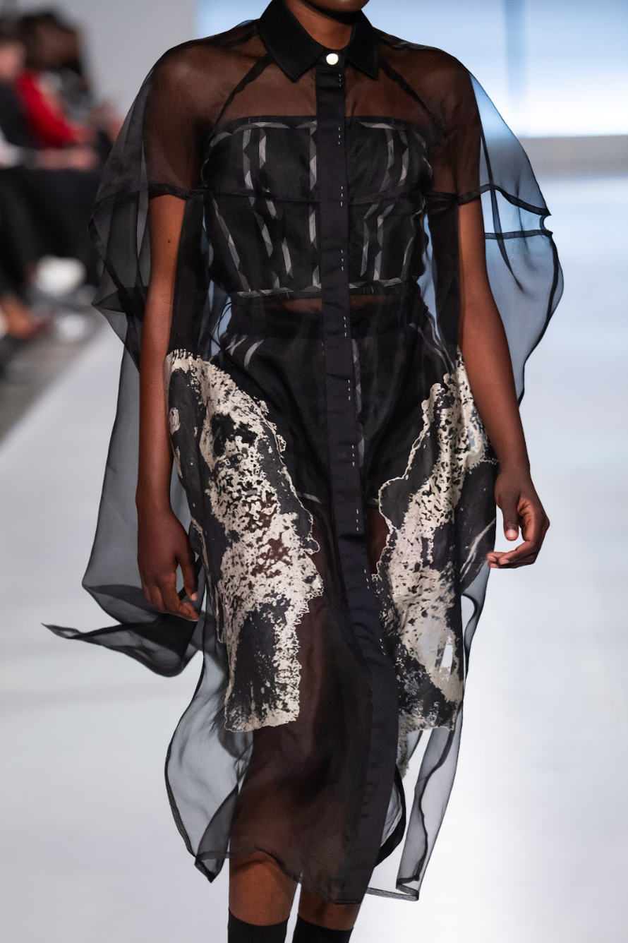 Screen Printed Black Silk Organza Long Cocoon Shirt