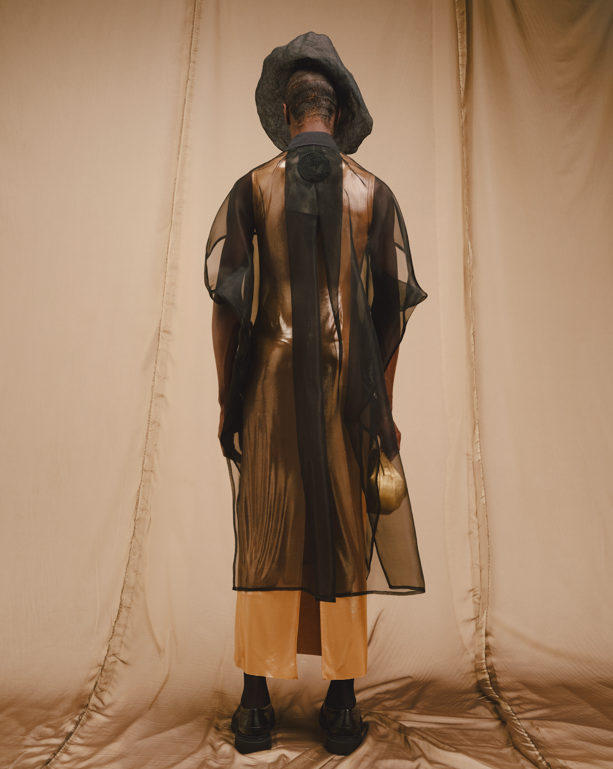 Screen Printed Black Silk Organza Long Cocoon Shirt