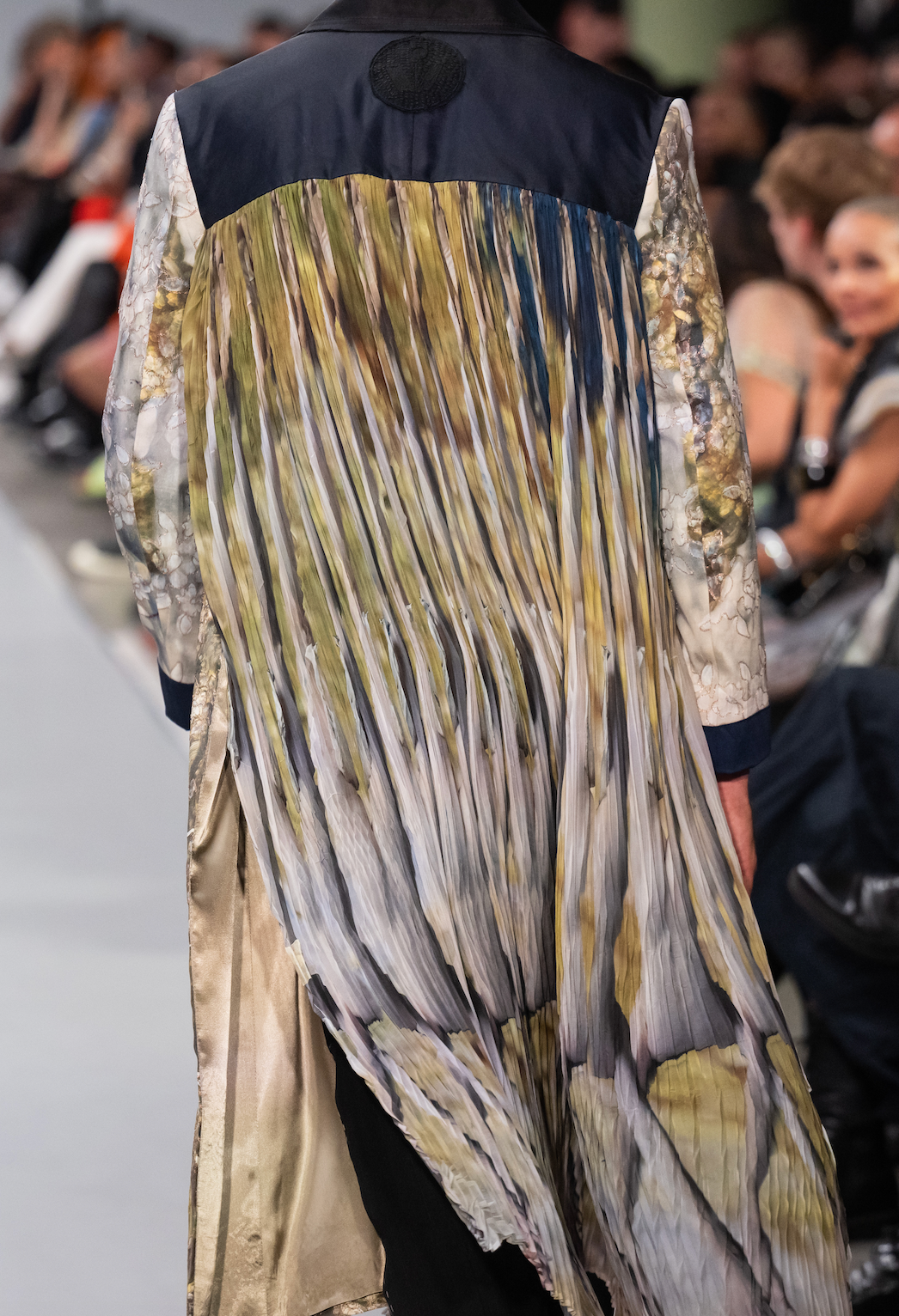 Printed Embroidered Silk with Printed Pleated Silk Panel Double Breasted Jacket