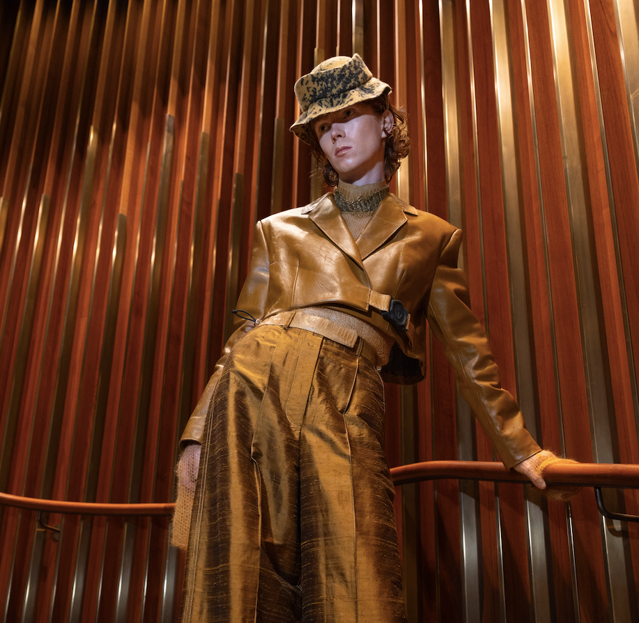 Reclaimed Car Leather Cropped Double Breasted Jacket with Ostrich Shin Collar and Strap