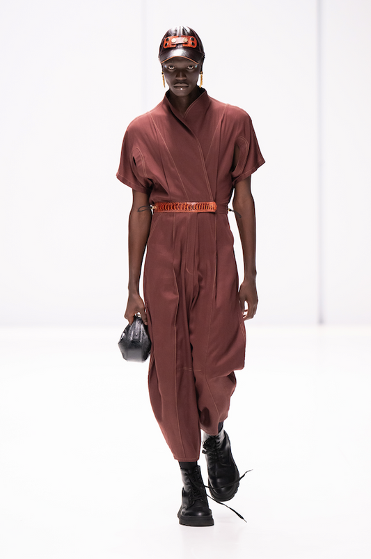 Maroon Silk Cotton Signature Jumpsuit with Ostrich Shin detail