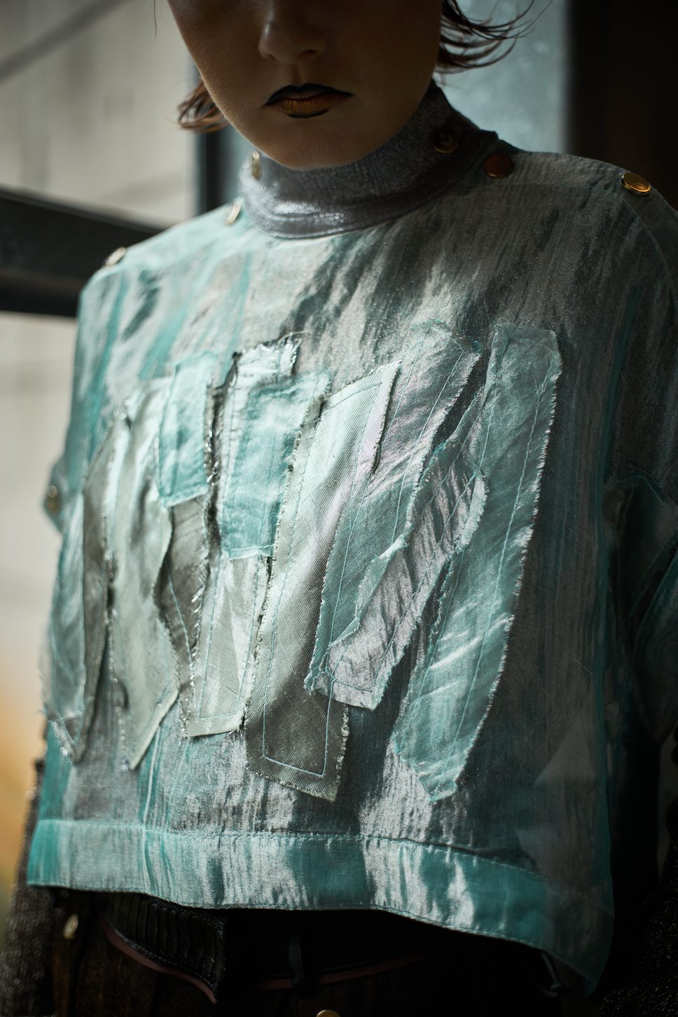 Aquamarine Ocean Silk Lamé Organza Appliqué T-shirt