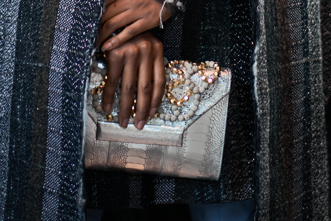 Harlow in Silver Ostrich Leg with Lace and Beading Clutch