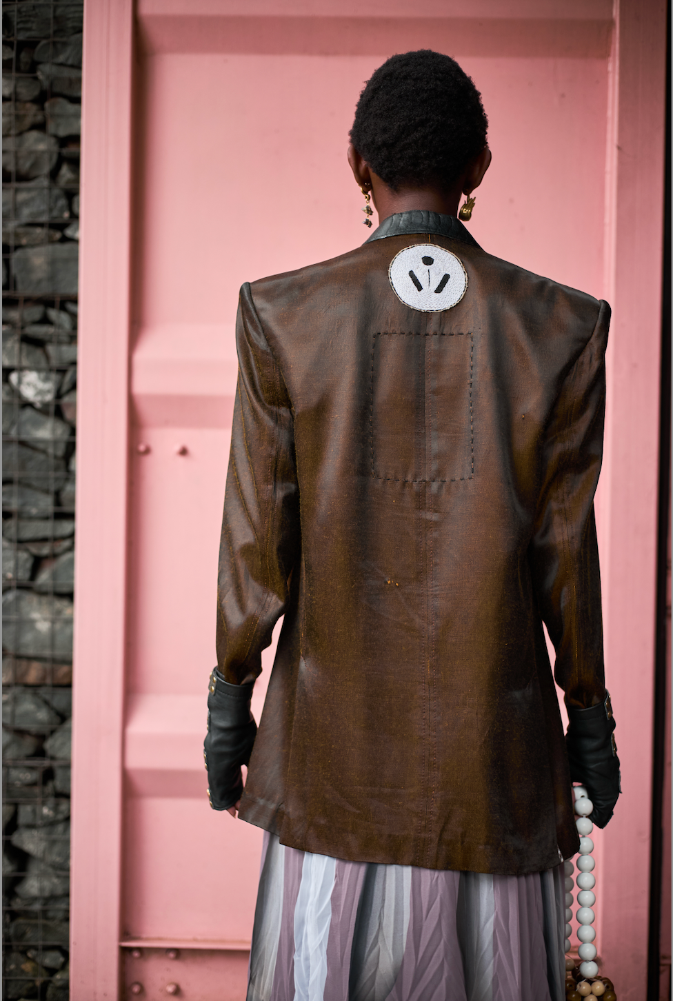 Japanese Acetate Double-Breasted Shirt with Black Ostrich Shin Collar