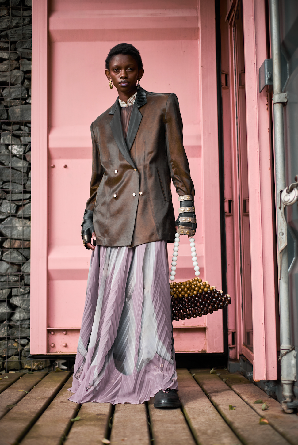 Japanese Acetate Double-Breasted Shirt with Black Ostrich Shin Collar