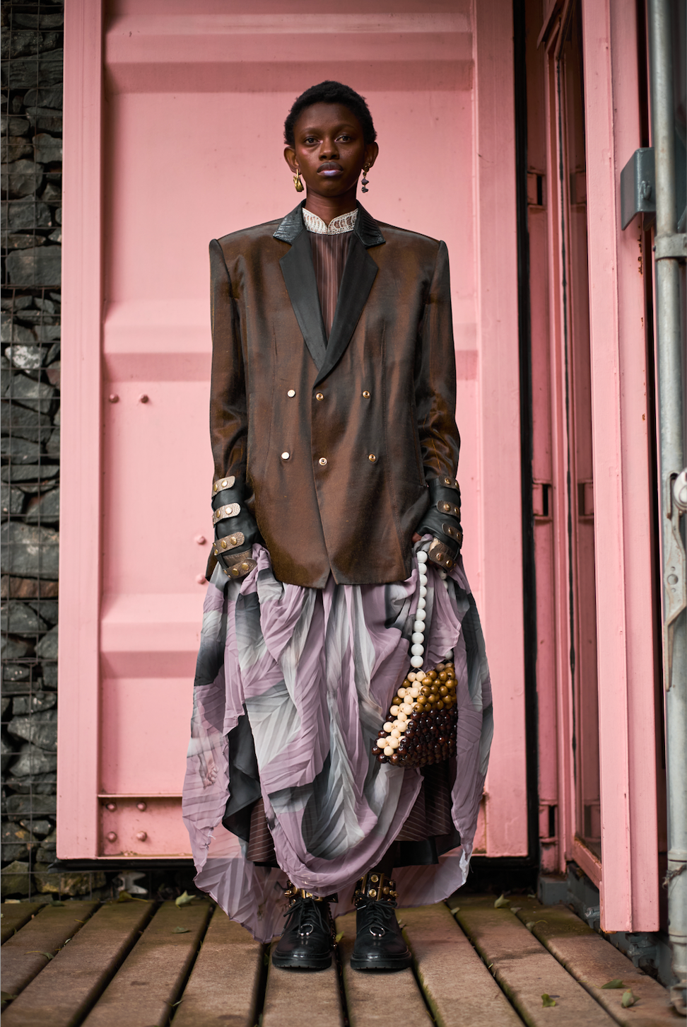 Japanese Acetate Double-Breasted Shirt with Black Ostrich Shin Collar