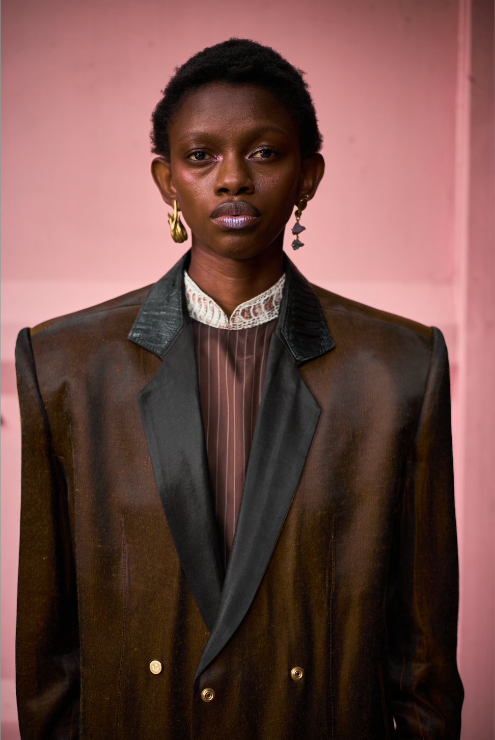 Japanese Acetate Double-Breasted Shirt with Black Ostrich Shin Collar