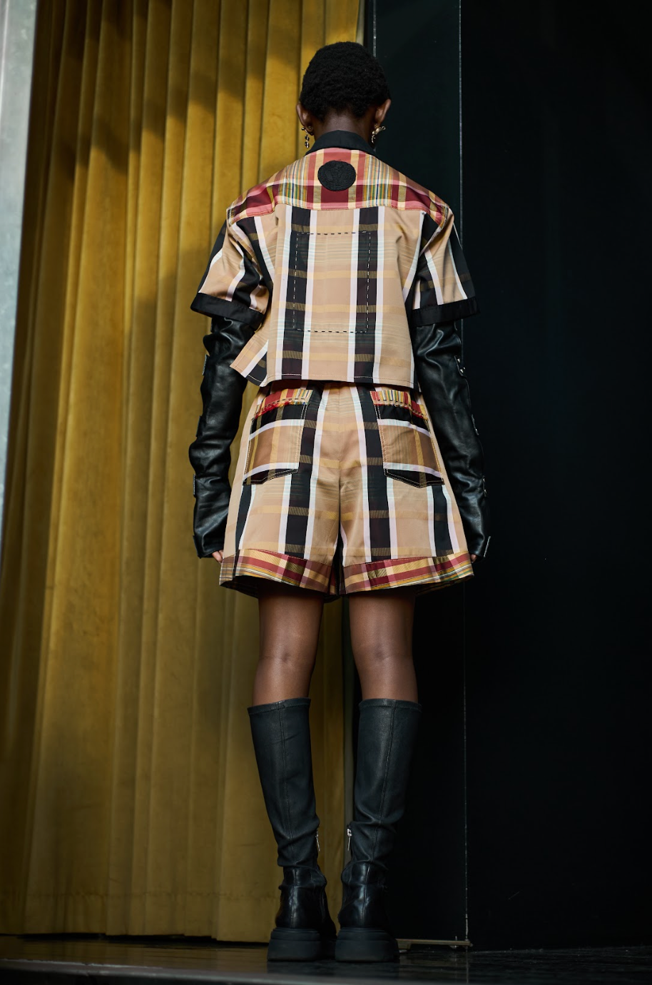 Painted Check Silk Tafetta Cropped Shirt with Black Egyptian Cotton Collar with Embroidery