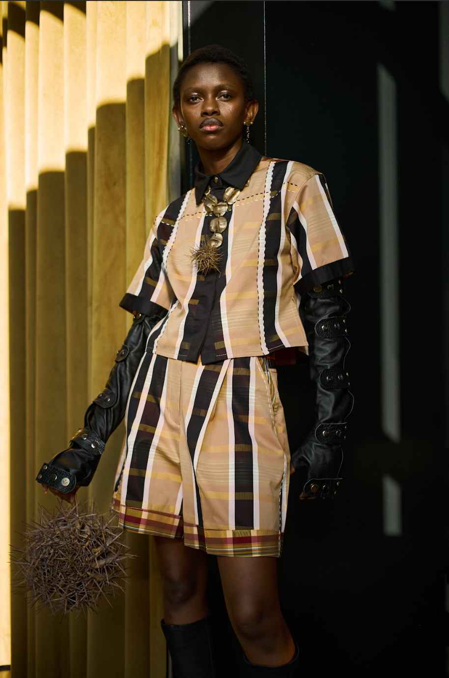 Painted Reclaimed Check Silk Tafetta Trapeze Shorts with Embroidery