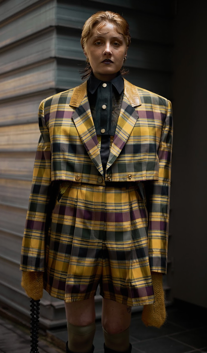 Interlocked Check Cropped Double Breasted Shirt in Silk Taffeta