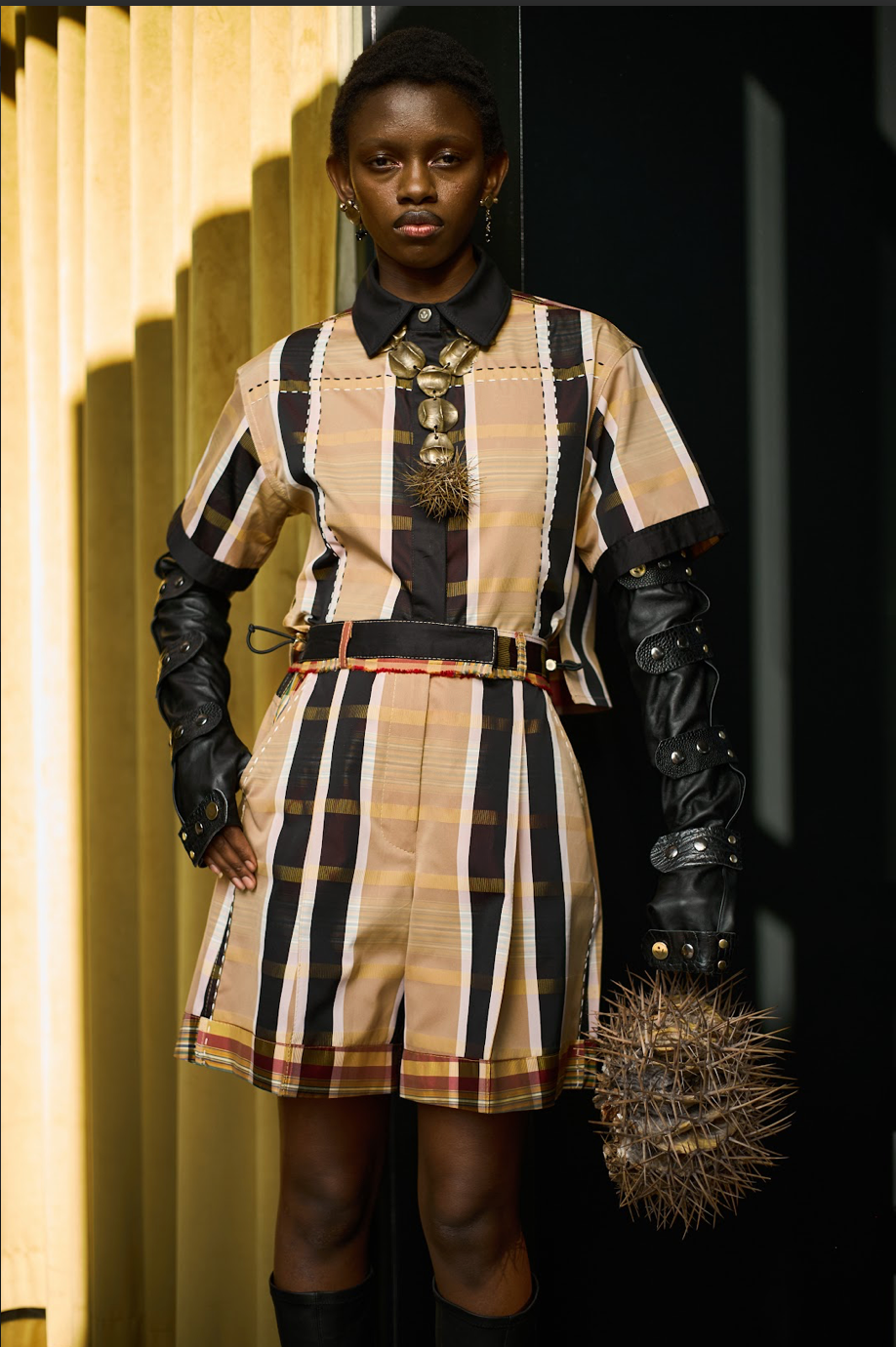 Painted Check Silk Tafetta Cropped Shirt with Black Egyptian Cotton Collar with Embroidery