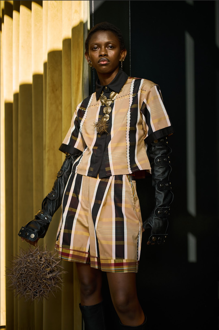 Painted Check Silk Tafetta Cropped Shirt with Black Egyptian Cotton Collar with Embroidery