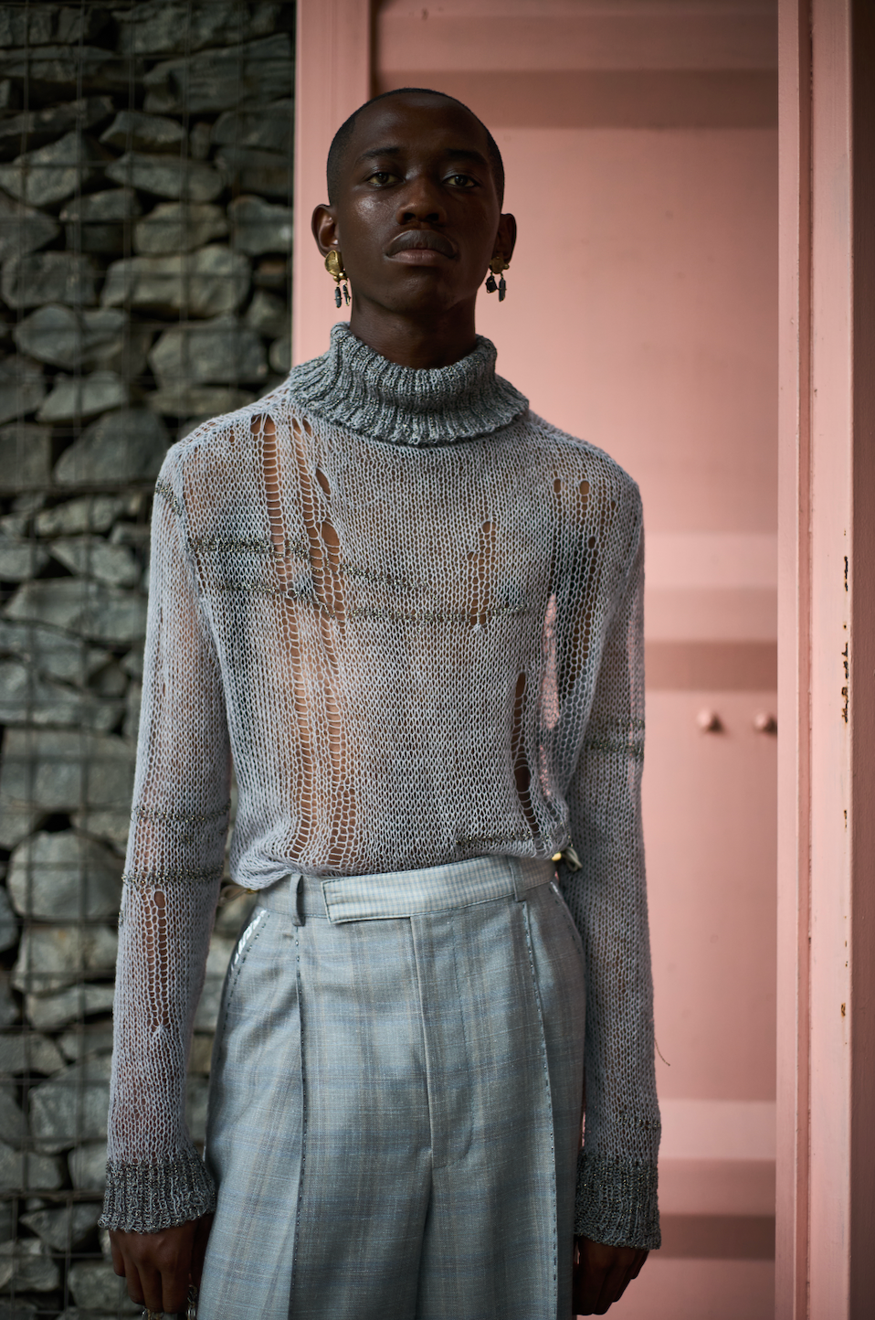 Artisanal 100% South African Merino Wool Silver Ladder Knitted Poloneck Top