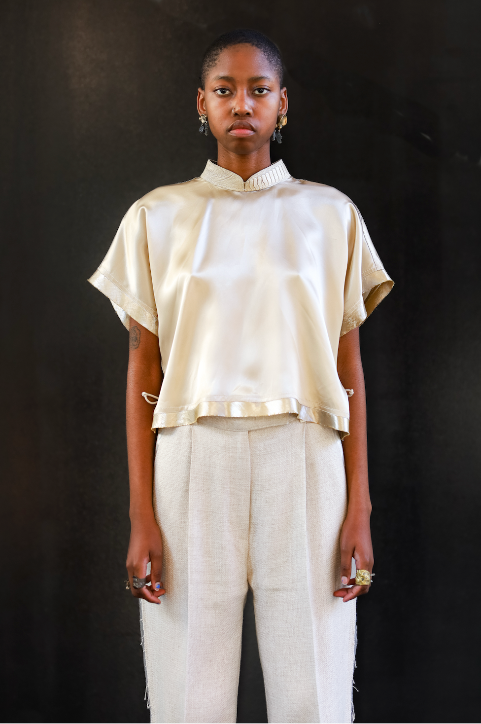 Champagne Qipao Top in Reclaimed Acetate Satin with Ostrich Shin Collar